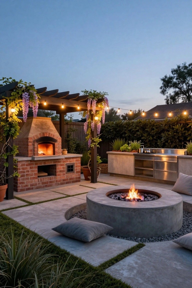 Backyard outdoor kitchen with lit brick wood-fired pizza oven, stainless steel sink and counters under wooden pergola draped in purple wisteria and string lights, circular concrete fire pit with gray cushions on paver patio edged by plants.