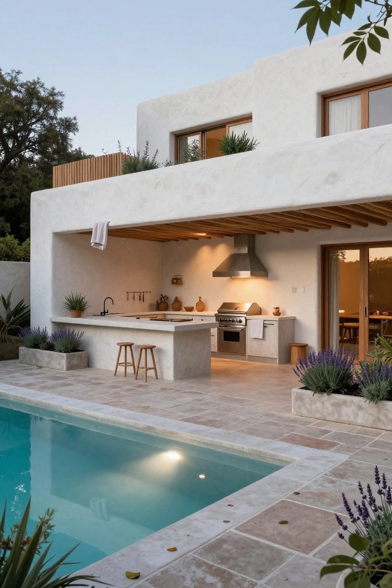 White stucco house wall with recessed outdoor kitchen under exposed wooden beams, featuring sink, grill, oven, bar stools, and potted plants next to a rectangular turquoise pool on tiled patio.