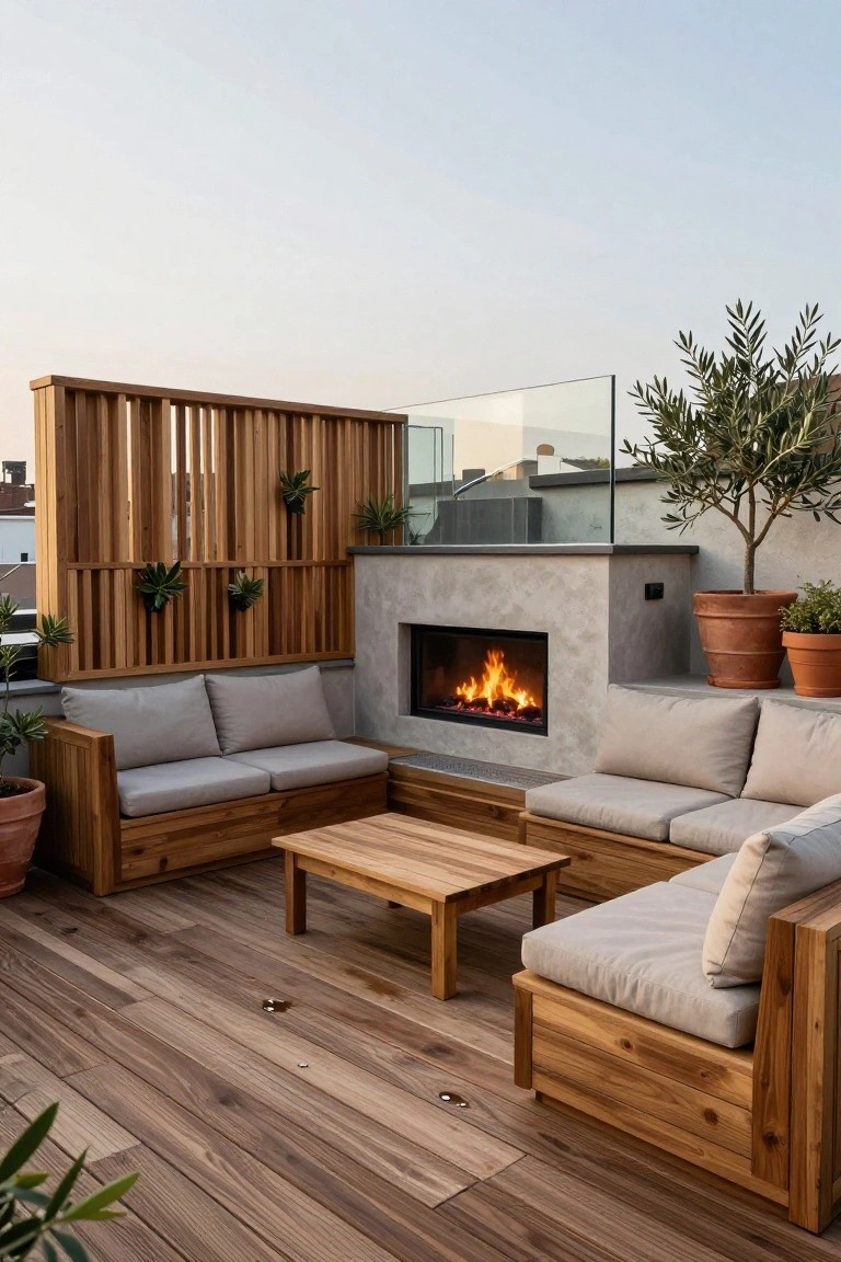 Rooftop terrace with L-shaped wooden bench seating in gray cushions around a lit linear concrete fireplace, wooden slat privacy screens with potted plants, olive trees in terracotta pots, and plank wood decking.