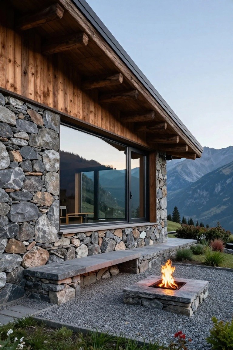 Side exterior of a chalet-style house with gray stone lower walls, horizontal wood cladding above, large black-framed windows reflecting mountains, a stone bench, square stone fire pit with flames, and gravel yard with plants.