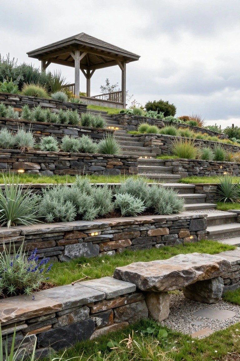 Terraced hillside garden featuring dry-stacked stone retaining walls, concrete steps with integrated lighting, drought-tolerant grasses and shrubs, a wooden gazebo structure at the top, and a large stone bench at the base.