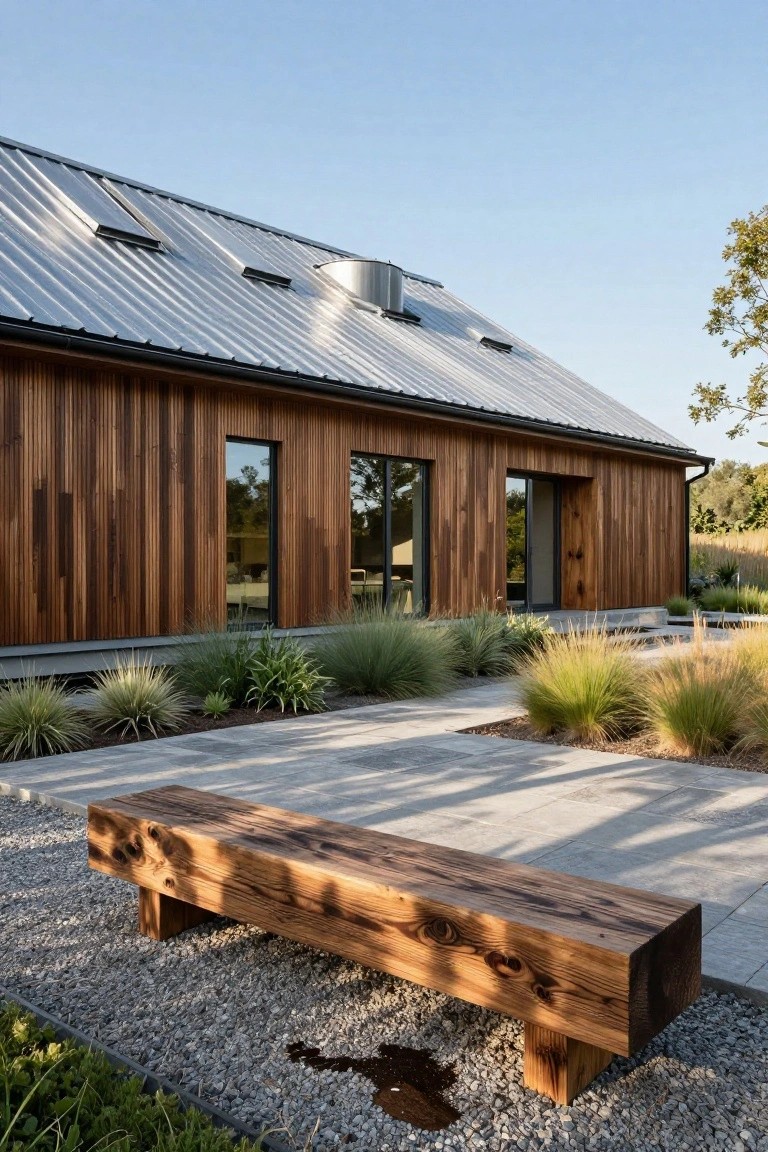 Exterior side view of a single-story modern house with vertical dark wood cladding, standing seam metal roof, large dark-framed windows, concrete entry steps, gravel path, wooden bench, and ornamental grasses.
