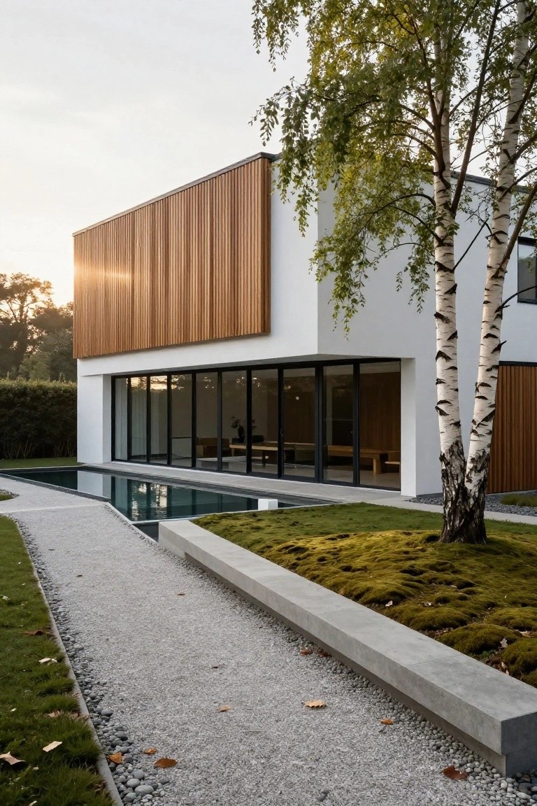 Modern house exterior with white walls, vertical wood cladding on upper section, large floor-to-ceiling glass windows and doors overlooking a narrow rectangular pool, gravel pathway with concrete bench, birch trees, and mossy grass garden.