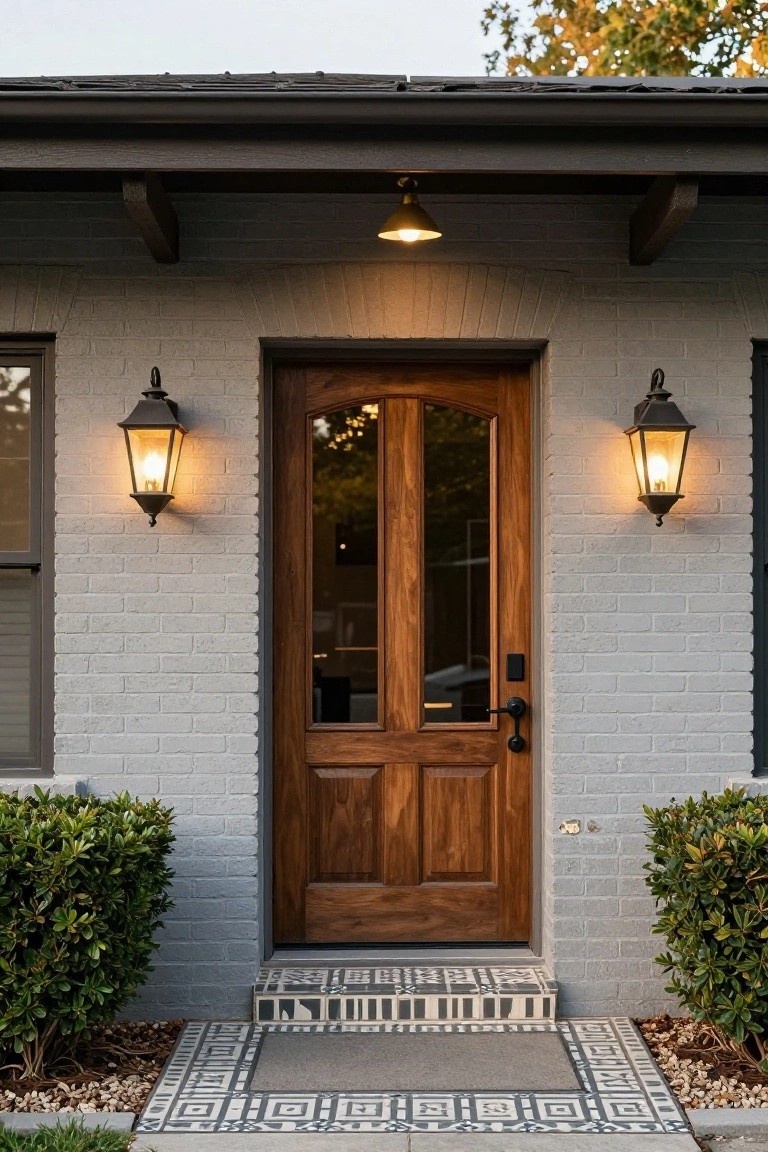 Front view of a wooden double door with glass panels and sidelights on a light gray brick house exterior, flanked by black lantern lights, with boxwood shrubs and geometric black-and-white tiled entry steps.