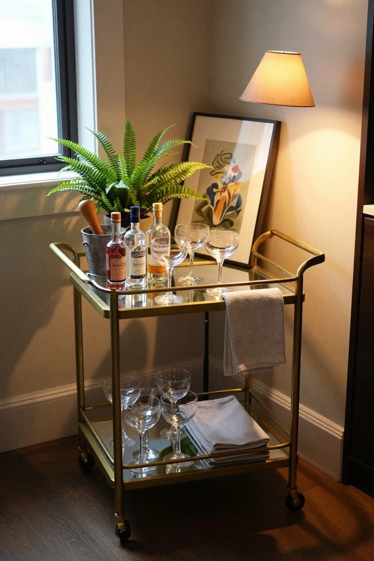 Gold metal bar cart on wheels in a beige room corner, with liquor bottles, glasses, a potted plant, and a wooden muddler on the top shelf, more glasses and linens on the bottom shelf, next to a window and framed art.