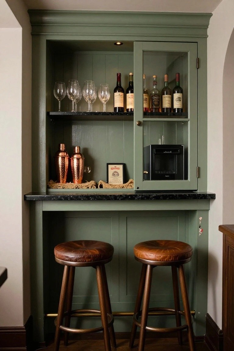 Green-painted built-in cabinet with glass-front upper shelves holding wine bottles, glasses, and copper shakers, a black countertop, a small beverage cooler, rope accents, and two leather-topped wood bar stools in front.