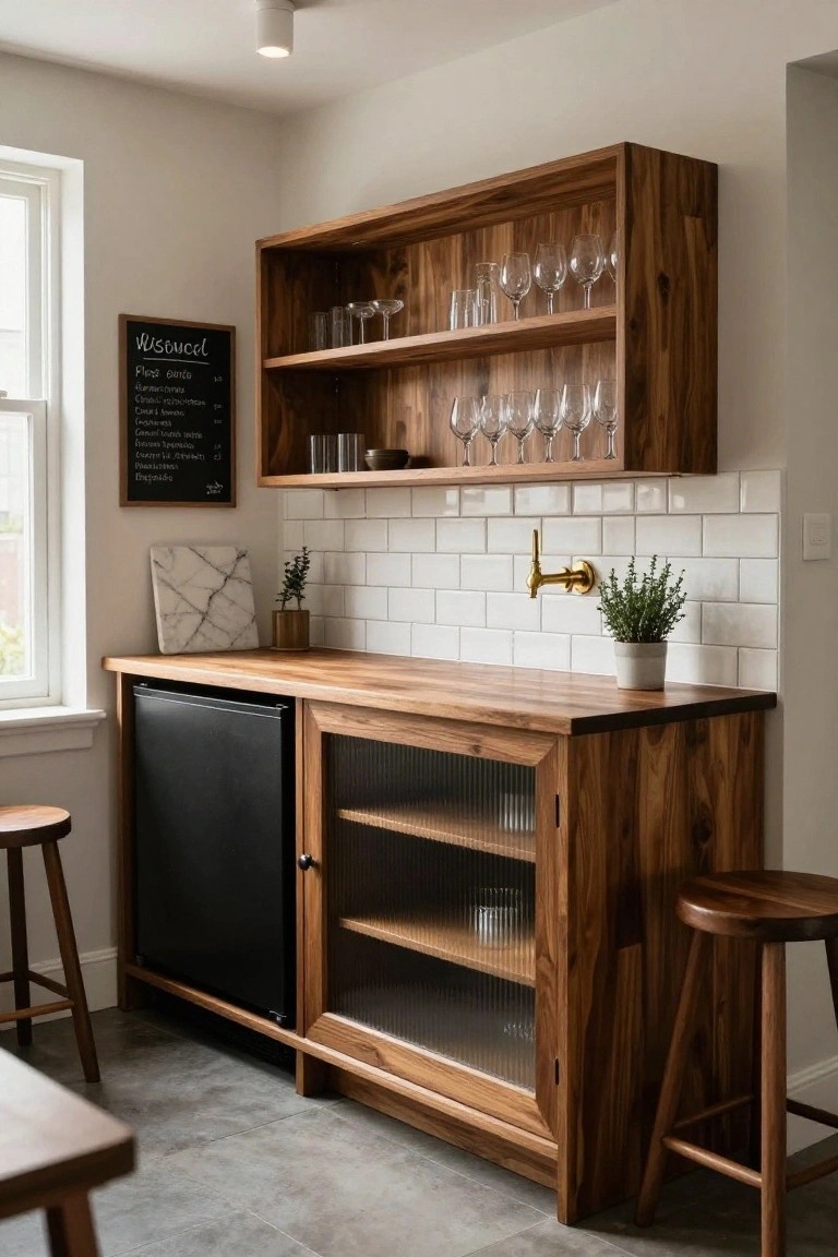 Wooden cabinetry bar unit in a kitchen with integrated black mini-fridge, glass-front lower doors, open upper shelves holding wine glasses and cups, wooden countertop, white subway tile backsplash, gold faucet, potted plants, and two wooden stools.