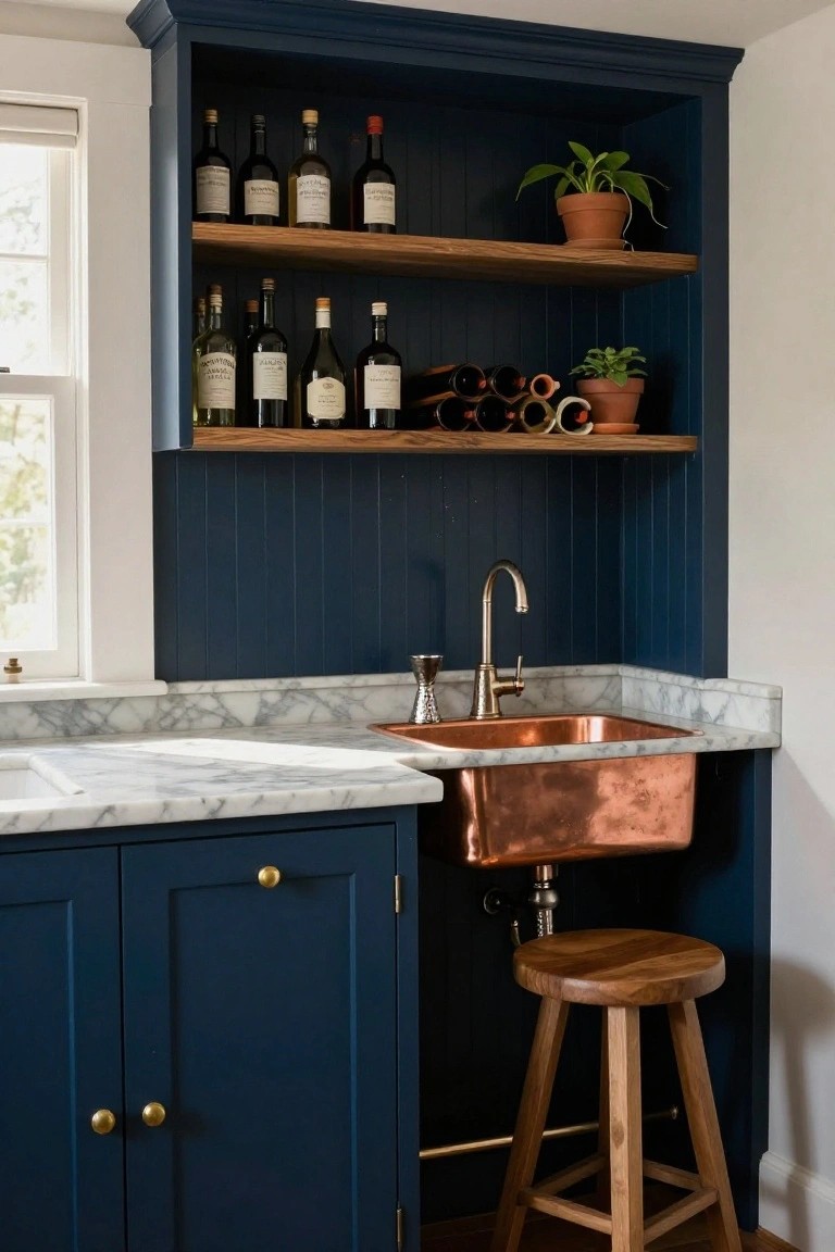 Navy blue paneled cabinetry with open wooden shelves and tube racks holding wine bottles above a copper apron sink in a marble countertop, plus a wooden stool nearby.