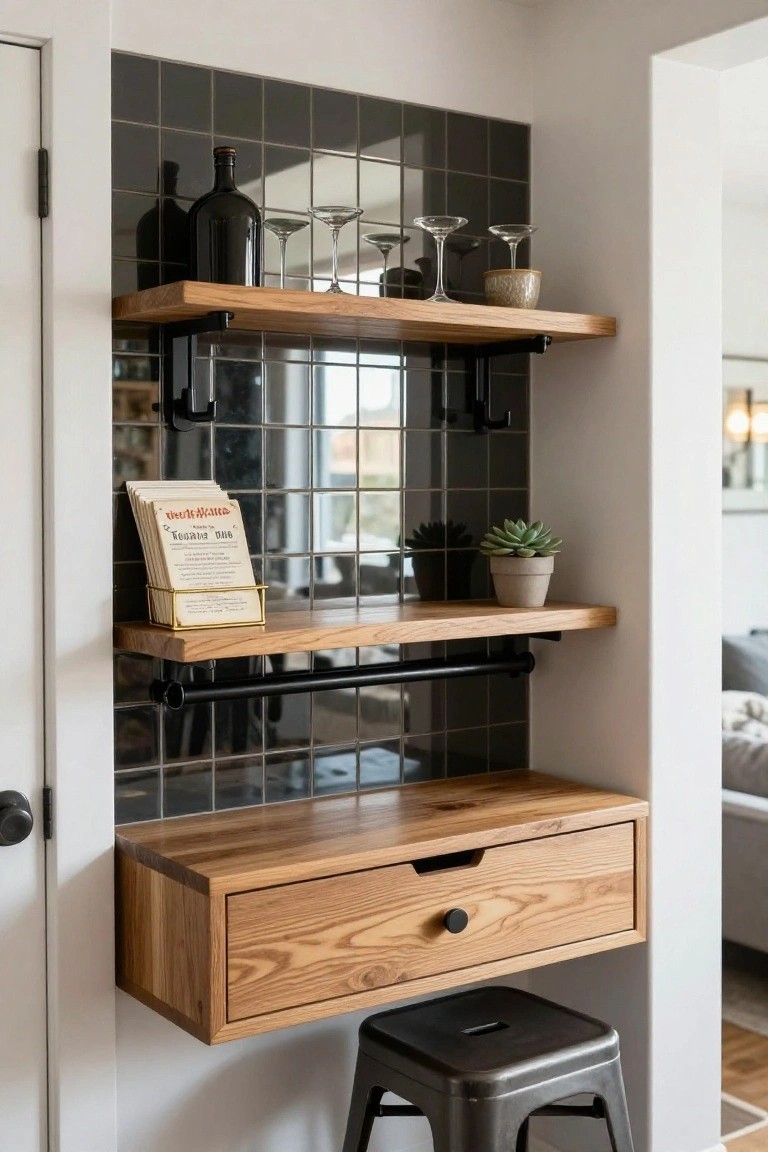 Wall-mounted wooden bar counter with floating oak shelves on black pipe brackets against dark subway tile backsplash, displaying liquor bottles, glasses, a plant, and stacked menus, plus a drawer below and metal stool in front.