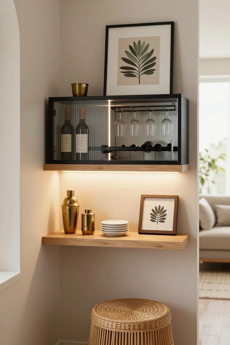 Corner wall with black framed glass-door cabinet holding two red wine bottles and hanging wine glasses, LED lit oak floating shelf below with gold cocktail shaker, small vase, brass containers, stacked plates, small framed leaf art, brass bowl above, rattan stool at base, archway to adjacent room.