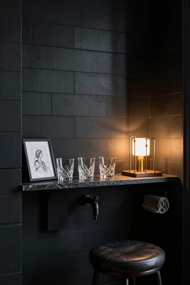 Corner nook with black wood plank walls, black marble shelf holding crystal glasses and a lit brass lamp next to a framed drawing of a woman, black faucet below the shelf, rolled gray towel on a holder, and black leather stool.