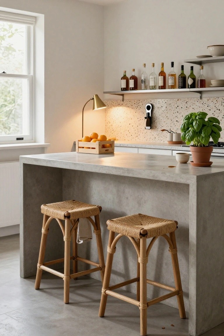 Kitchen interior with gray concrete island bar, two rattan bar stools, wooden crate of oranges on counter, bottle shelves, gold desk lamp, and potted basil plant near stove.