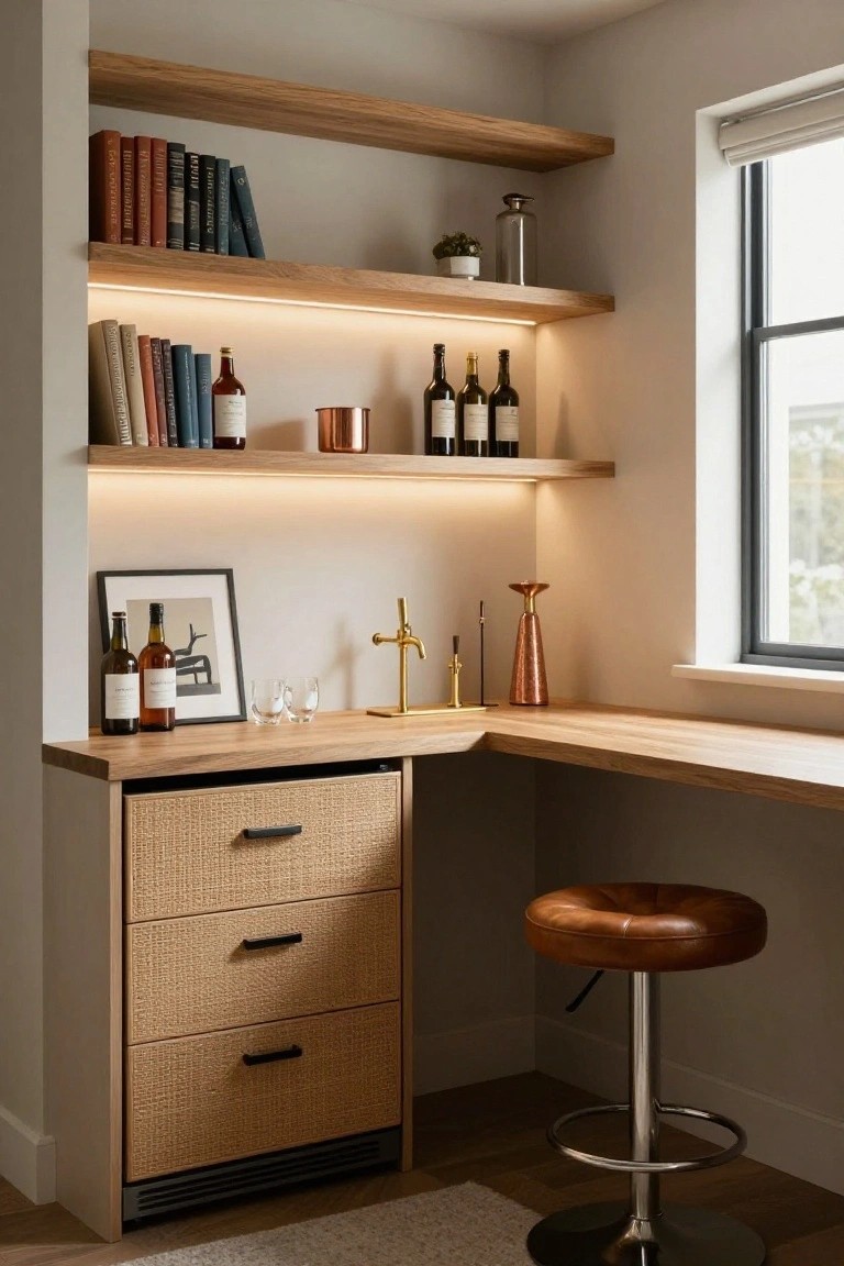 Corner wooden bar cabinet with open oak shelves displaying books and wine bottles under LED lighting, rattan drawer unit below, gold accents, two glass tumblers on the oak countertop, and swivel leather stool in a light gray room with window.