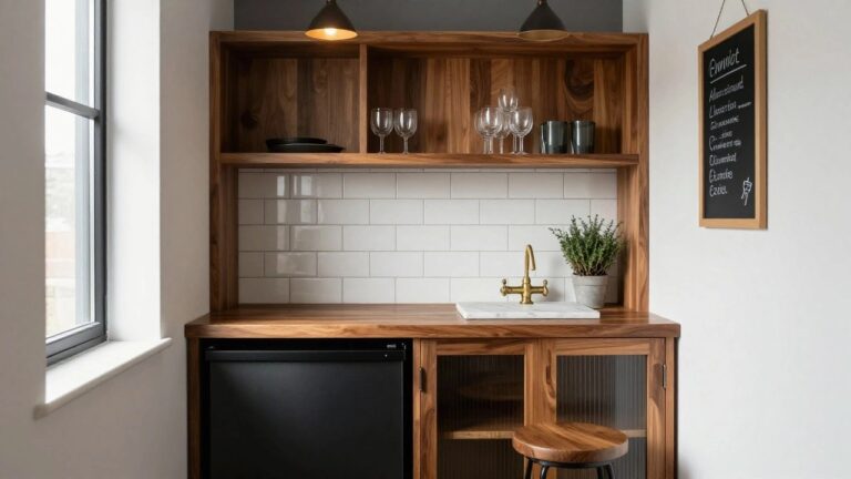 Wooden cabinetry bar unit in a kitchen with integrated black mini-fridge, glass-front lower doors, open upper shelves holding wine glasses and cups, wooden countertop, white subway tile backsplash, gold faucet, potted plants, and two wooden stools.