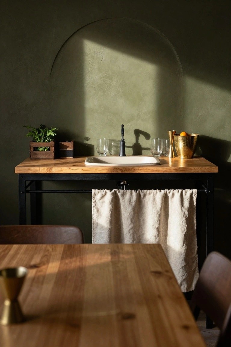 Wooden countertop bar unit with sink, black faucet, glasses, brass bucket with oranges, potted plant in wooden crate, beige skirt, and leather stools at a wooden table against green textured wall with arched niche.