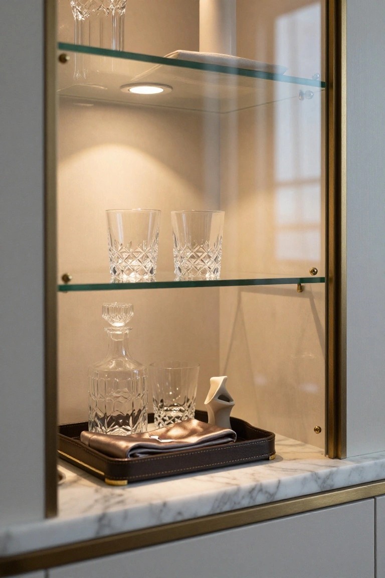 Brass-framed glass cabinet displaying cut crystal glasses, tumblers, a decanter, and a leather tray with linen on glass shelves above a marble countertop.