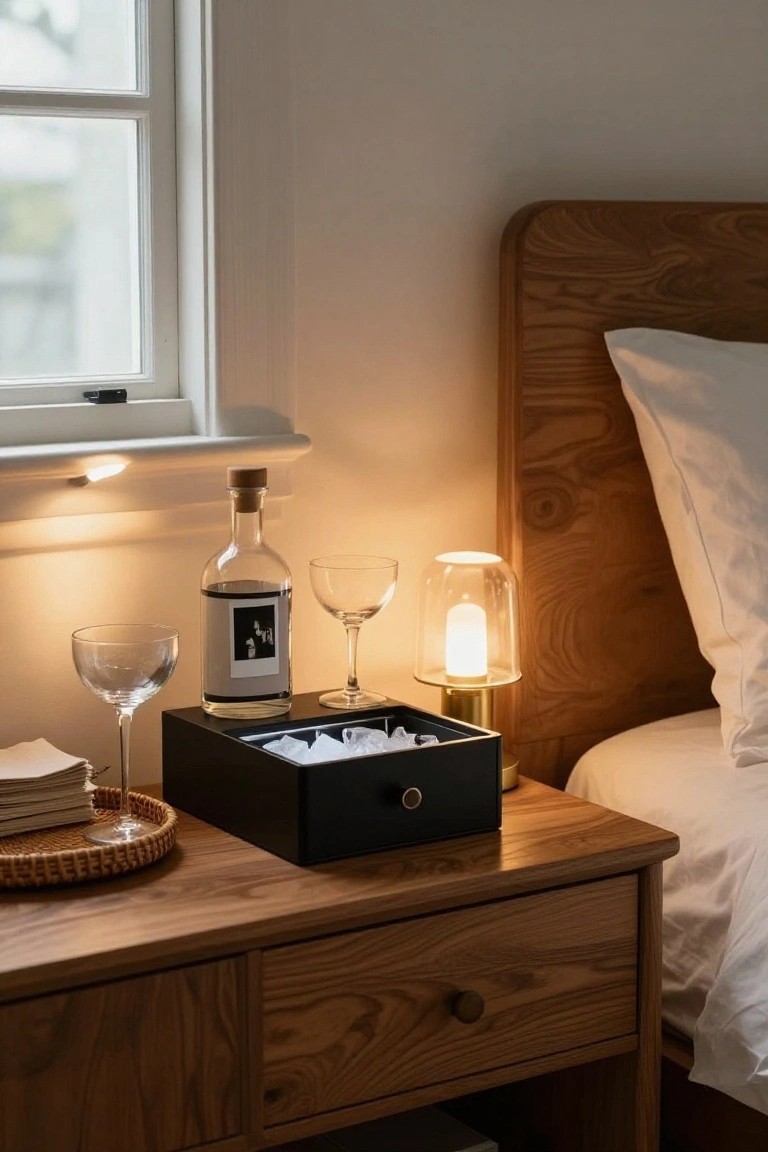 Wooden nightstand beside a bed with a gin bottle, two empty glasses, black ice bucket with ice cubes, glass lamp, and woven tray holding napkins and a glass.