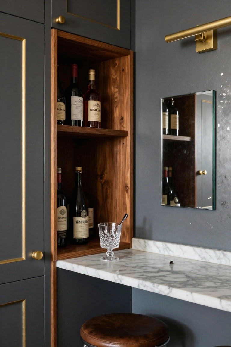 Dark gray cabinets with gold trim and an open wooden shelf unit displaying wine bottles, next to a white marble countertop holding a crystal glass and spoon, a round mirror, brass sconce, and leather bar stool.