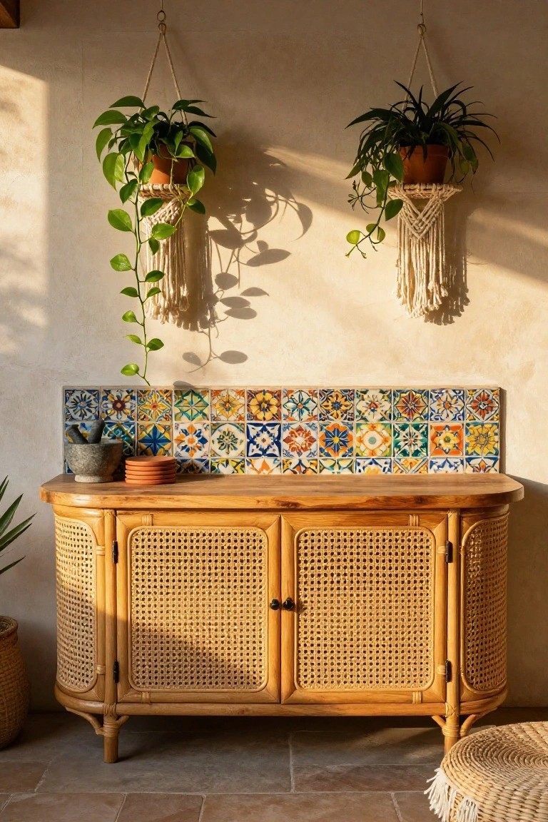 Beige curved rattan cabinet topped with a stone mortar and pestle and terracotta coasters on a balcony, backed by a colorful patterned tile wall, with hanging plants and potted greenery around it on a tiled floor.