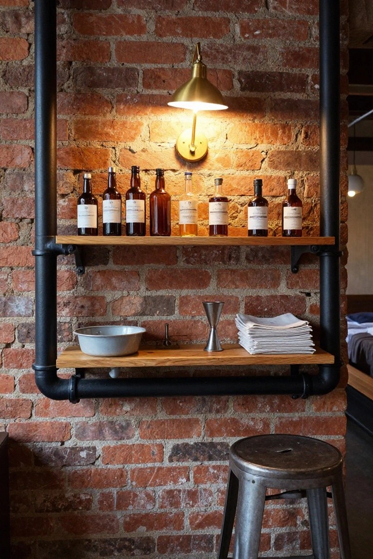 Brick wall with black pipe-supported wooden shelves displaying various liquor bottles, a metal cocktail shaker, white bowl, and stacked linens on lower shelf, gold wall lamp above, metal stool at bottom.