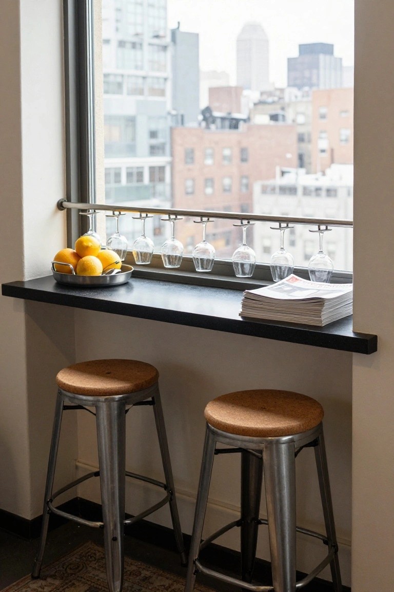 Black countertop bar integrated into a large window ledge with two metal bar stools underneath, wine glasses hanging from a rack above, a silver tray of oranges, and stacked newspapers on the counter, with a city skyline visible outside.