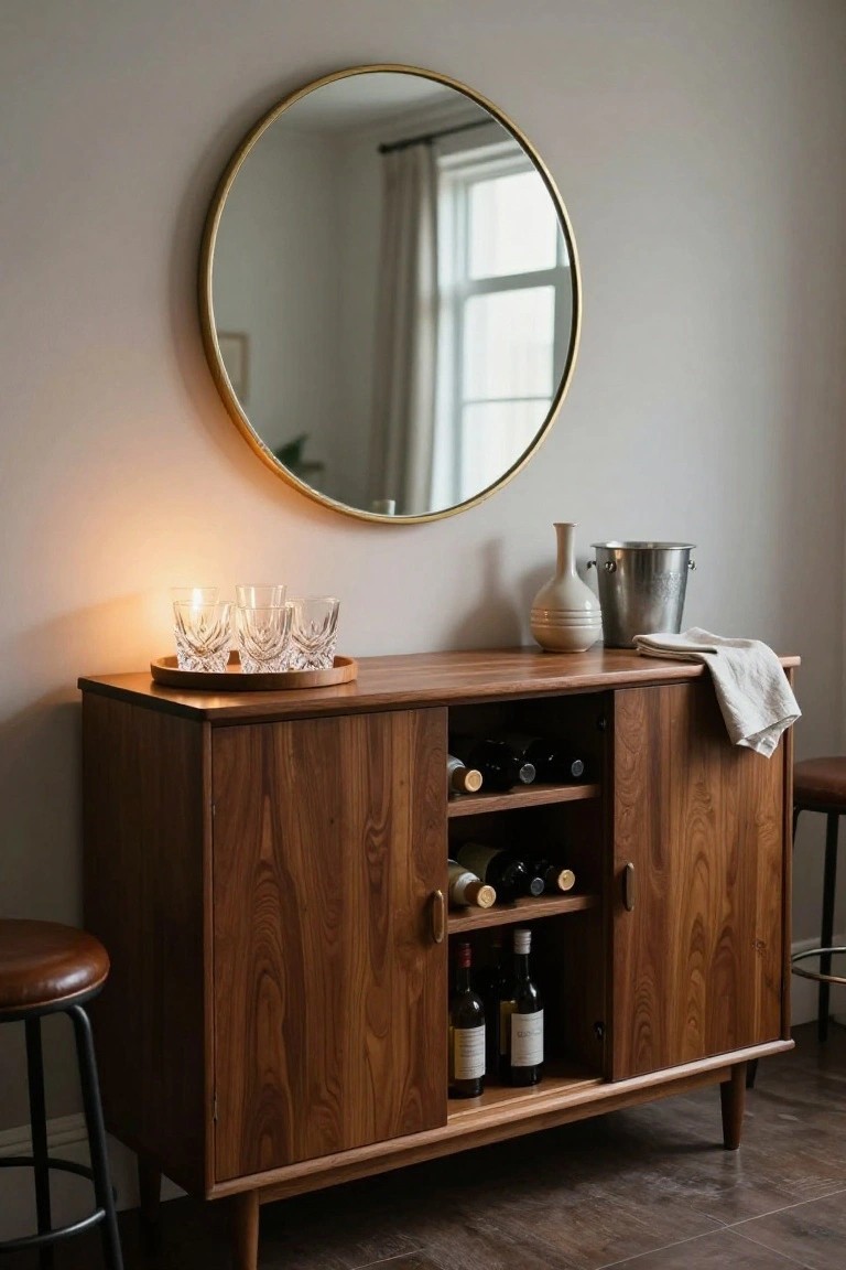 Walnut wood bar cabinet with open doors revealing wine bottles on shelves, crystal glasses on a wooden tray, beige vase, silver ice bucket and linen towel on top, flanked by leather bar stools, gold-framed round mirror above, in a room with light gray walls and wood floor.