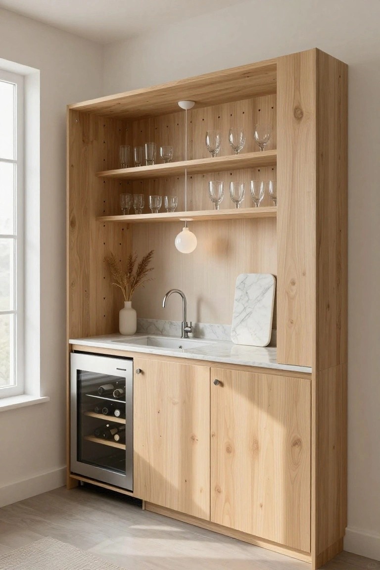 A tall light wood open shelving bar cabinet with glassware on shelves, a sink on white marble countertop, wine refrigerator doors below, and potted plants nearby in a white interior room with a window.