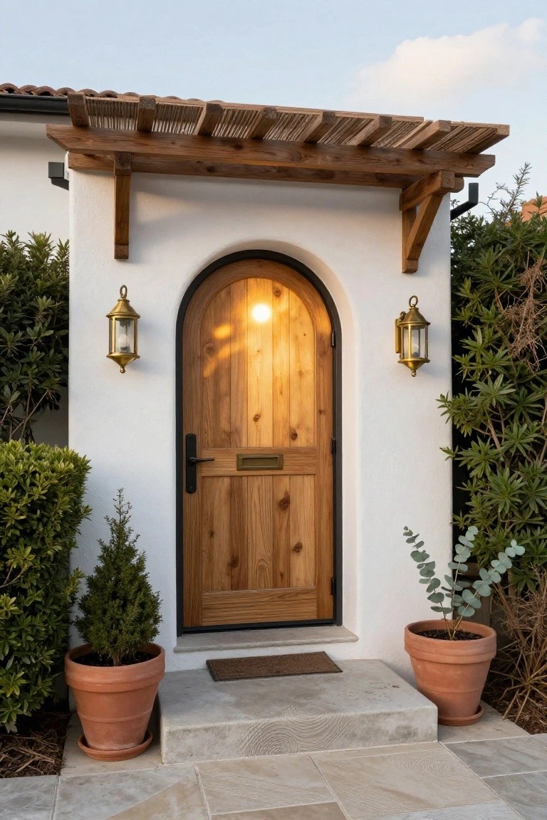 White stucco house entrance featuring a tall arched wooden door with black frame and brass mail slot, wooden pergola overhead, brass lantern lights on walls, potted plants in terracotta pots flanking stone steps, and a doormat.