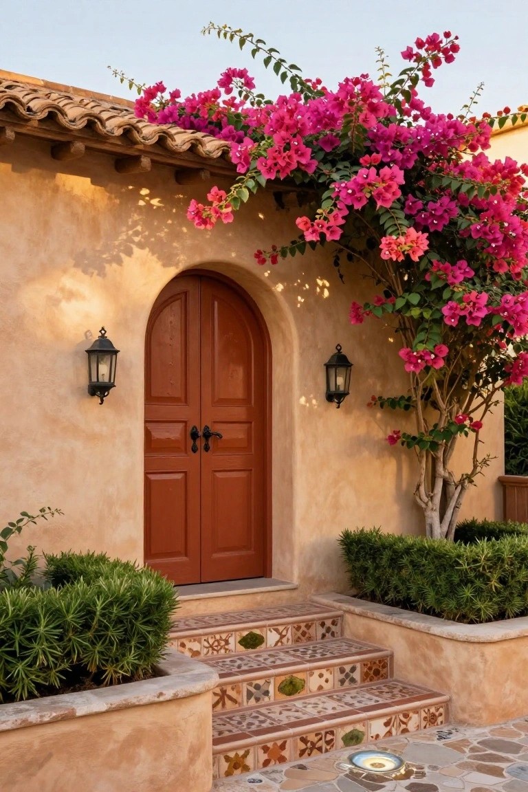 Beige stucco house entrance with a red arched double wooden door, flanked by black lanterns, pink bougainvillea vines cascading over the archway and walls, colorful tiled steps, boxwood shrubs in raised beds, and a stone path.