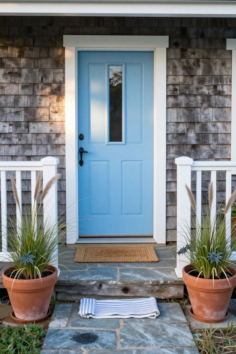 Shingle-clad house entrance featuring a light blue paneled front door with glass panel, black handle, flanked by white porch railings, potted grasses and agave plants, woven mat, striped towel, and slate steps.