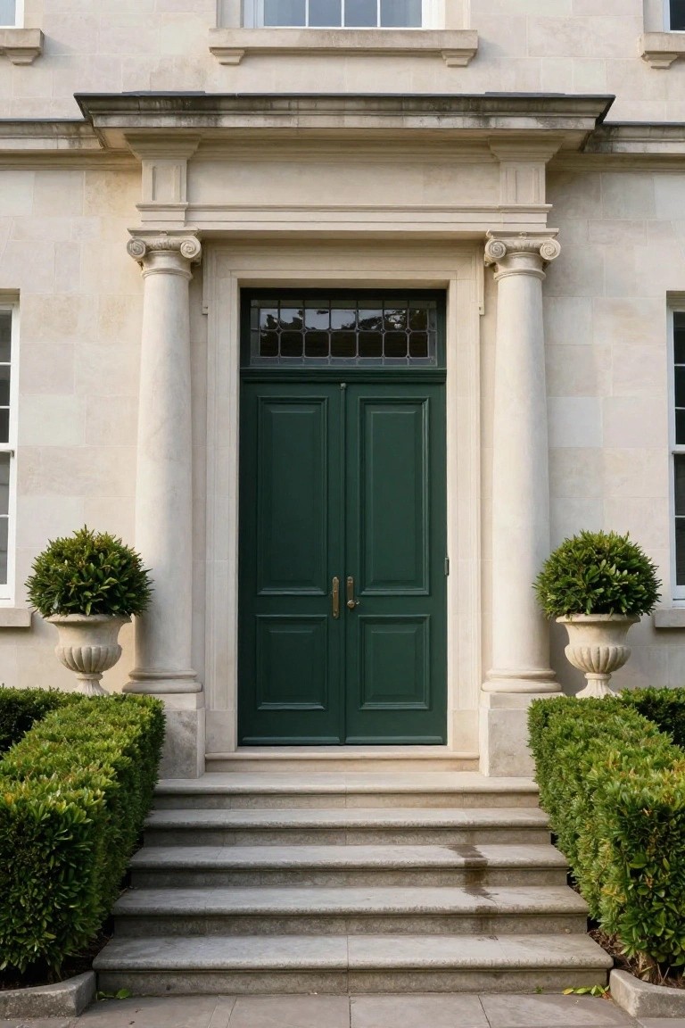 Light beige stone house facade with a recessed dark green double front door framed by two tall fluted columns under a pediment, flanked by boxwood topiaries in stone urns and low boxwood hedges beside wide stone steps.