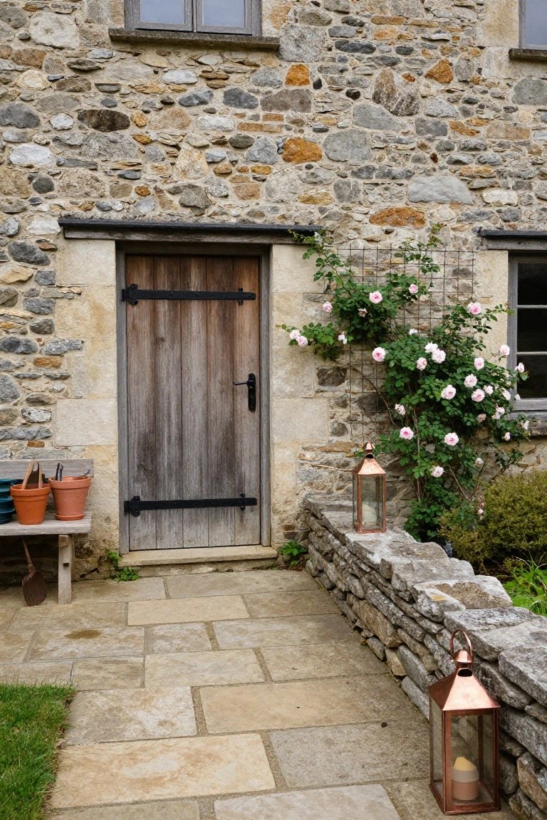 Stone house exterior featuring a heavy wooden front door with black iron hinges, pink climbing roses on a metal trellis beside it, copper lanterns on the wall, potted plants on a bench, and a stone pathway leading to the entrance.