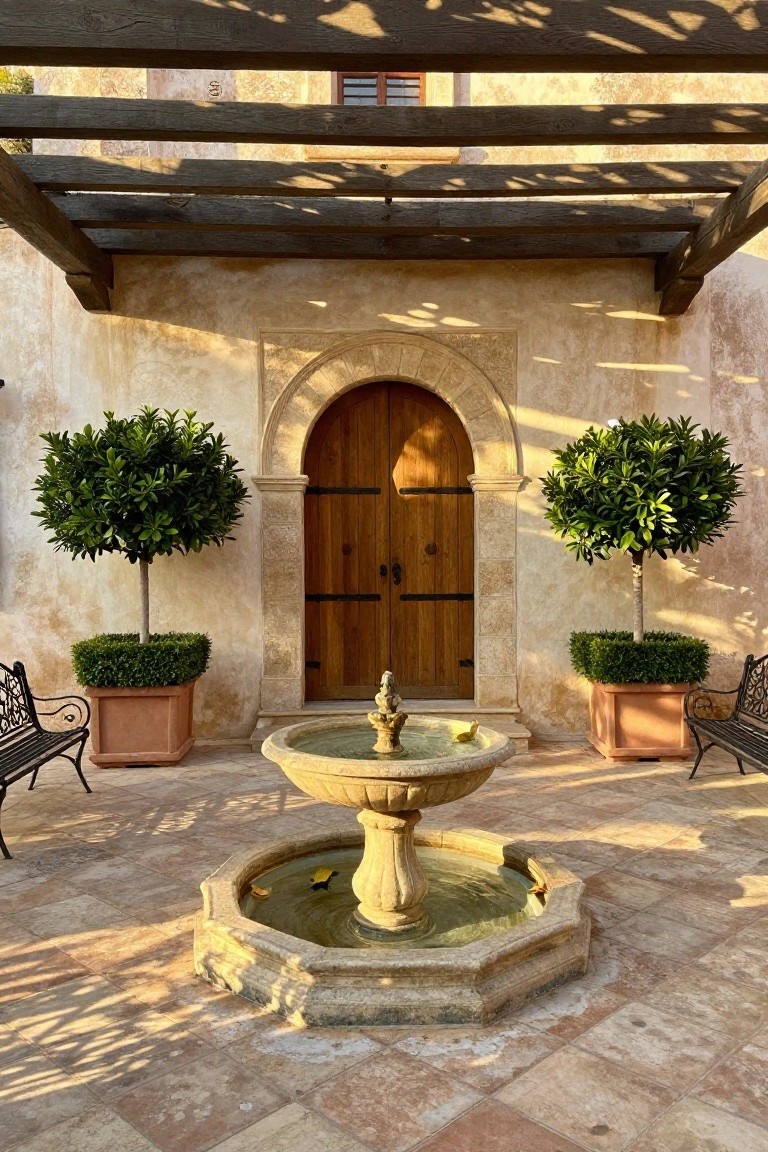 Sunlit courtyard with central octagonal stone fountain containing water and leaves, wrought-iron benches and terracotta pots holding clipped green topiary trees flanking an arched wooden door in beige stucco walls under wooden pergola beams, on beige tiled floor.