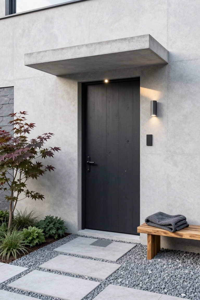 Gray stucco house exterior with cantilevered concrete canopy over a black wooden front door, flanked by cylindrical wall lights and a black doorbell panel, Japanese maple tree, potted plants, wooden bench with folded gray towel, concrete paver path, and gravel mulch.