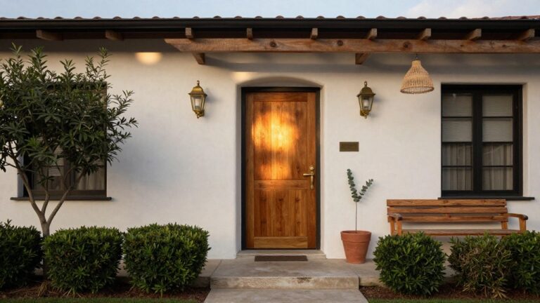 White stucco house entrance featuring a tall arched wooden door with black frame and brass mail slot, wooden pergola overhead, brass lantern lights on walls, potted plants in terracotta pots flanking stone steps, and a doormat.