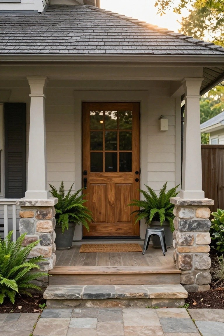 Front porch with light wood door featuring glass panels, flanked by white columns on stone pedestals holding potted ferns, wood porch flooring, stone steps, and paver pathway.