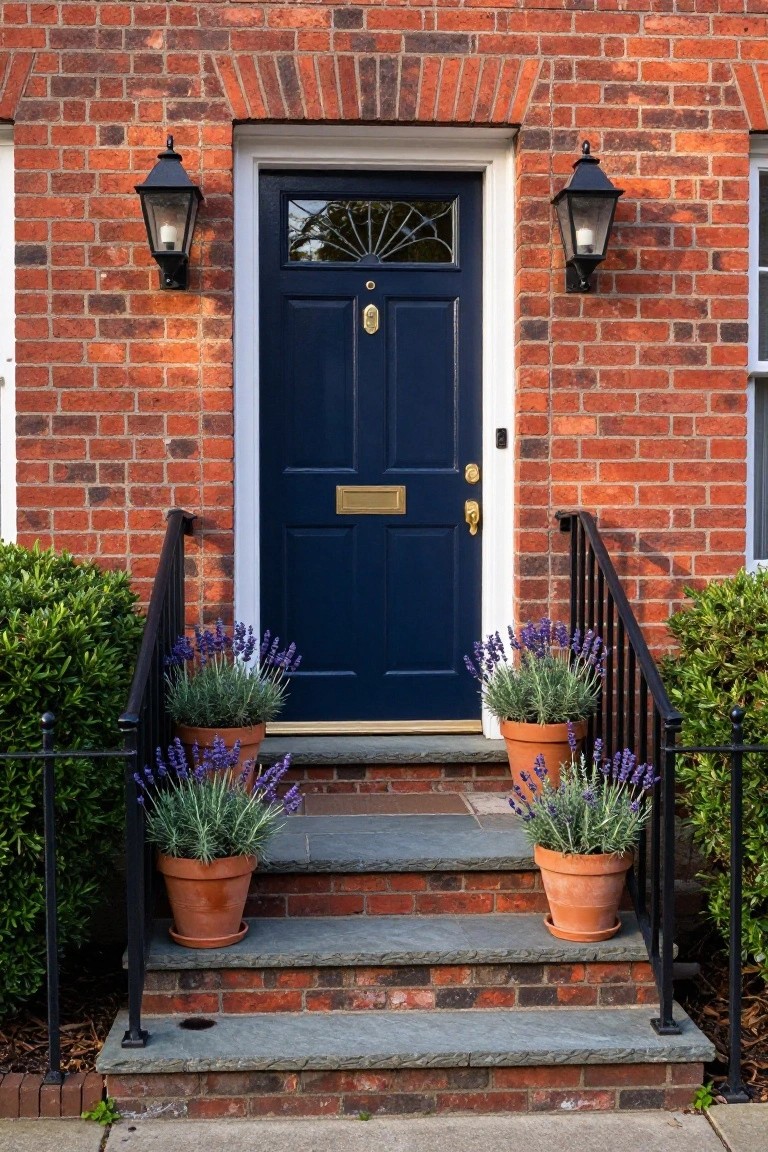Red brick house front entrance featuring a navy blue door with brass hardware, slate steps flanked by black iron railings and four terracotta pots of blooming lavender, with black lanterns on either side.
