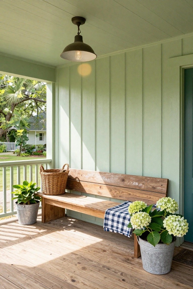 Green painted shiplap porch walls with wooden bench draped in checkered blanket, potted plants in metal buckets and wicker basket, hanging industrial light fixture, white railing, and view to yard with palm trees.