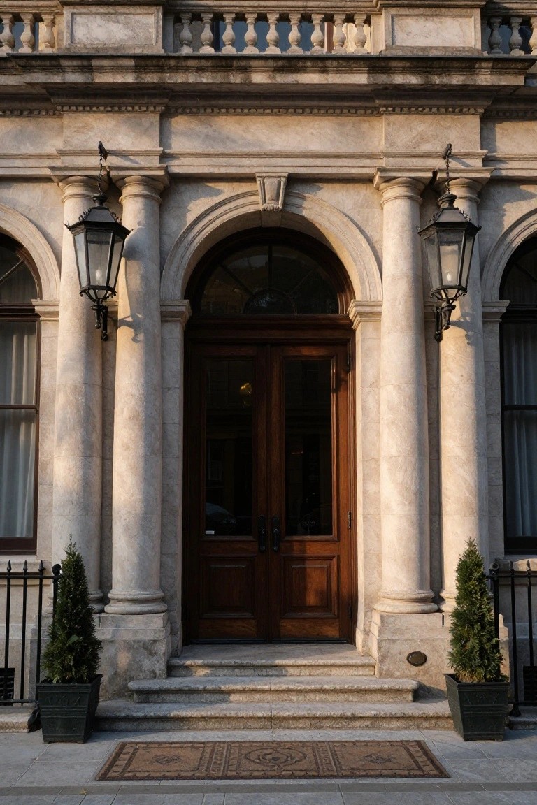 Grand house entrance with paired beige stone columns flanking a wooden double door under an archway, topped by black lanterns, potted topiary trees on either side, steps, and a patterned doormat.