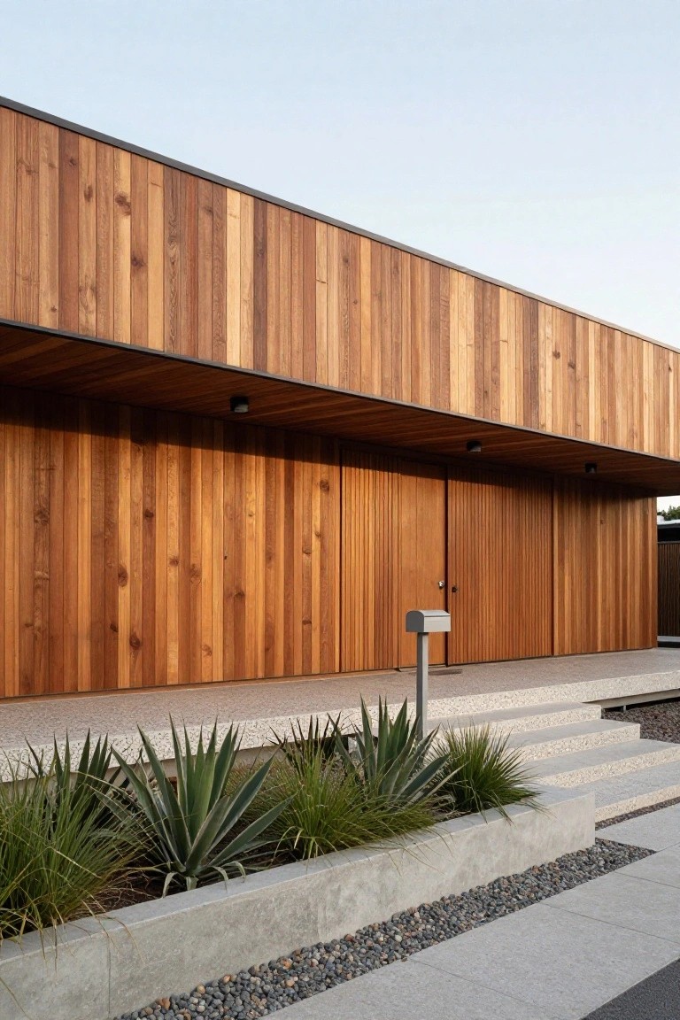 Modern house exterior featuring vertical wood cladding on the facade, large wooden entry doors under an overhanging roofline, concrete steps leading to the entrance, and agave plants in a raised concrete bed with pebble mulch.