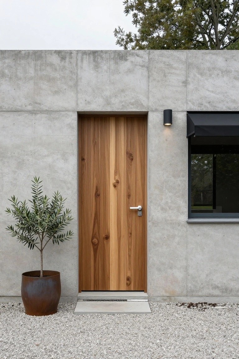 Tall light brown wooden door set flush in a gray concrete wall, with a potted olive tree in rusted pot to the left, black wall-mounted light, small window with black awning to the right, and white gravel ground.