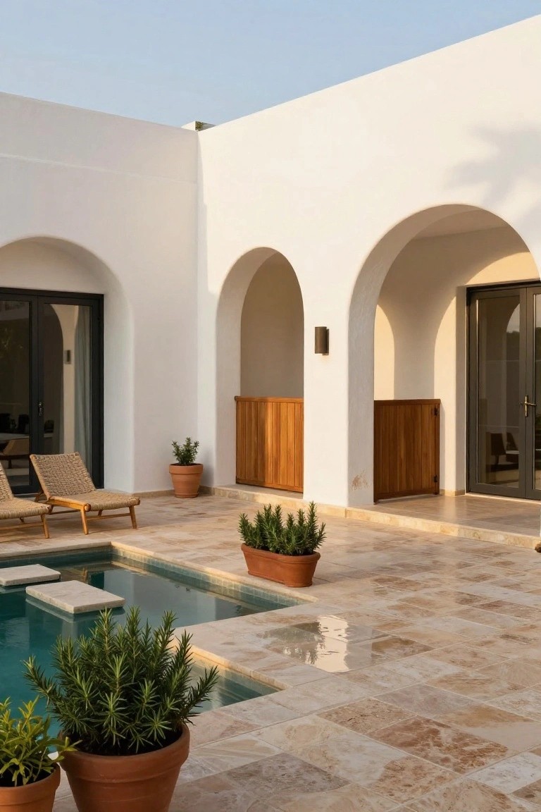White stucco walls with multiple arched openings and wooden gates adjacent to a small turquoise pool on a beige tiled patio, with rattan lounge chairs, terracotta pots of rosemary plants, and lounge steps into the water.
