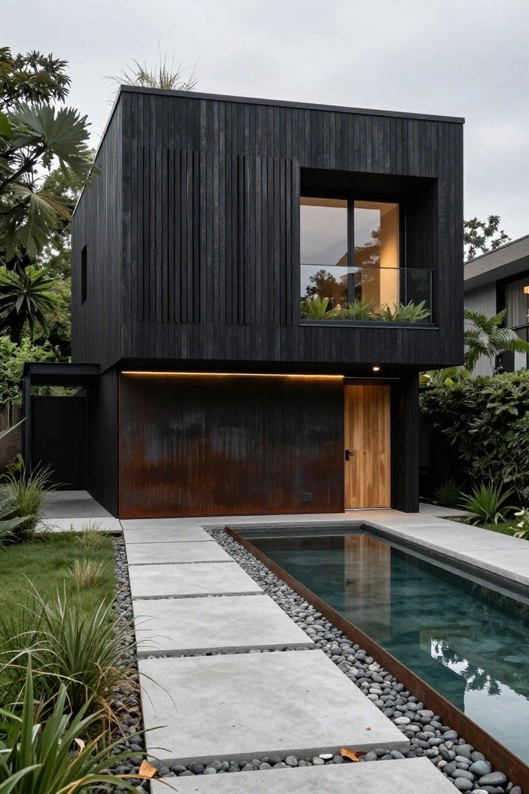 Black timber-clad modern house exterior featuring vertical slats, corten steel garage door, wooden entry door, large window with plants, narrow pool with pebble edging, concrete pavers, and tropical plants.