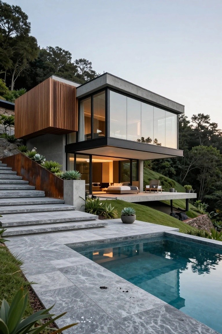 Modern concrete and wood-clad house cantilevered over a green hillside with large glass walls, stone stairs descending to a rectangular pool, plants along edges, and surrounding trees at dusk.
