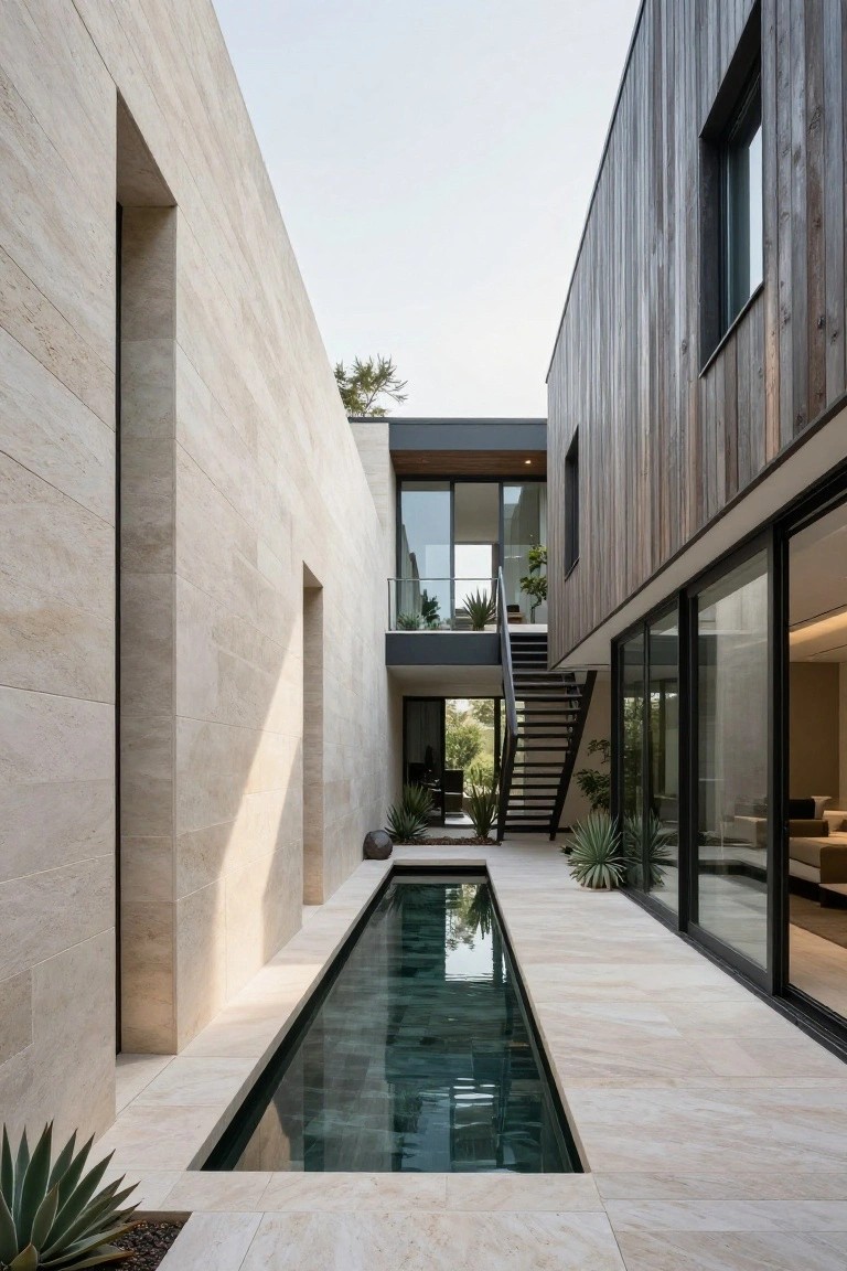 Narrow rectangular reflecting pool in a modern villa courtyard, bordered by light beige stone walls on one side and dark vertical wood cladding on the other, with agave plants, potted globe, staircase, and glass walls visible.
