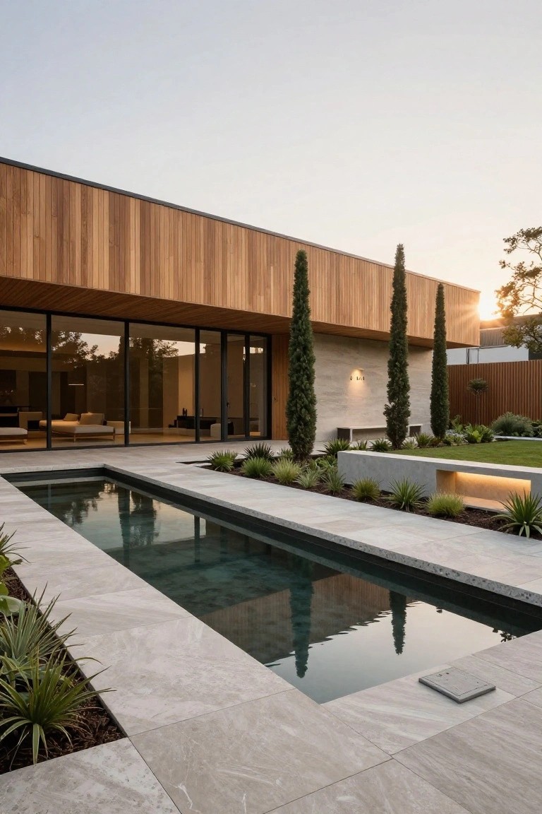 Exterior of a modern wood-clad house with large glass windows beside a narrow rectangular reflecting pool on stone pavers, flanked by low plants and tall cypress trees at sunset.