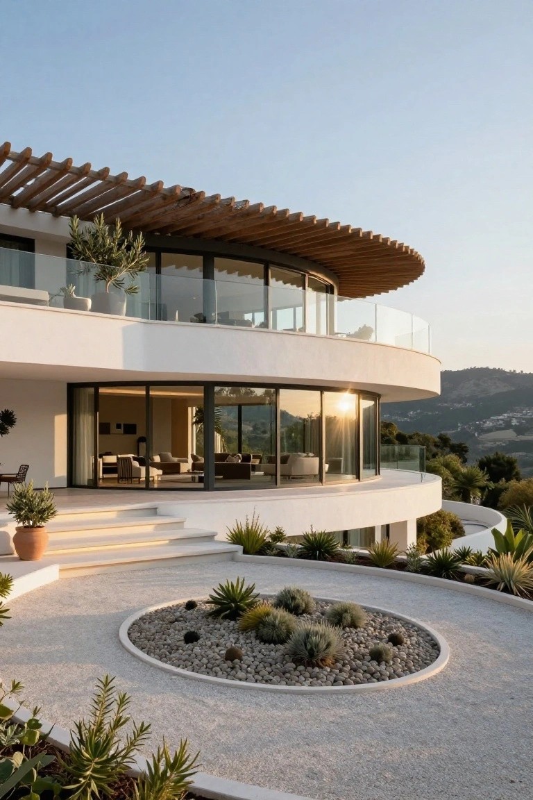 White modern villa with curved stucco walls, large curved glass windows and doors, wooden slatted pergola roof, entry steps, circular gravel driveway with succulents and agaves, and hillside backdrop at sunset.
