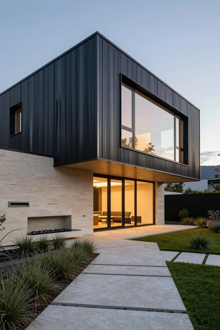 Modern house corner exterior at dusk with black corrugated metal cladding on the upper section, beige stone base, large glass corner window, sliding glass entry doors, linear fire pit, concrete pathway, and low native plantings.