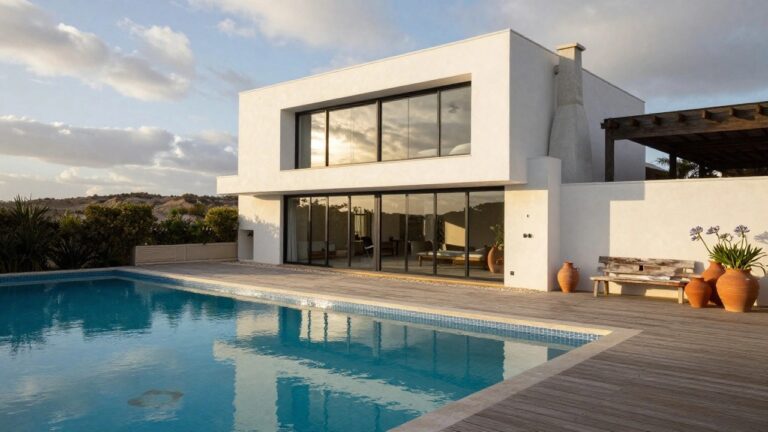 White modern villa exterior featuring large black-framed glass walls next to an infinity-edge turquoise pool on a wooden deck terrace, with terracotta pots, plants, and ocean view at sunset.