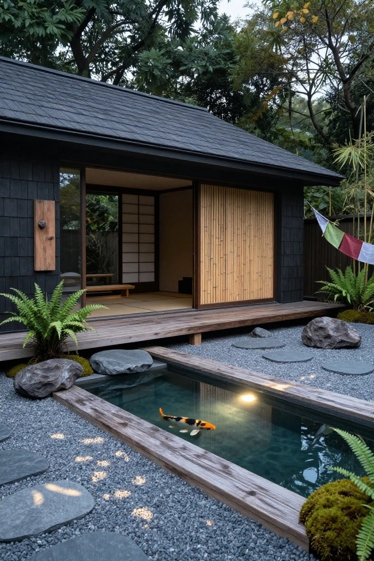 Dark shingled wooden pavilion with open shoji screens, bamboo sliding door, wooden deck, and foreground rectangular koi pond surrounded by gravel, large rocks, ferns, moss, and stepping stones.